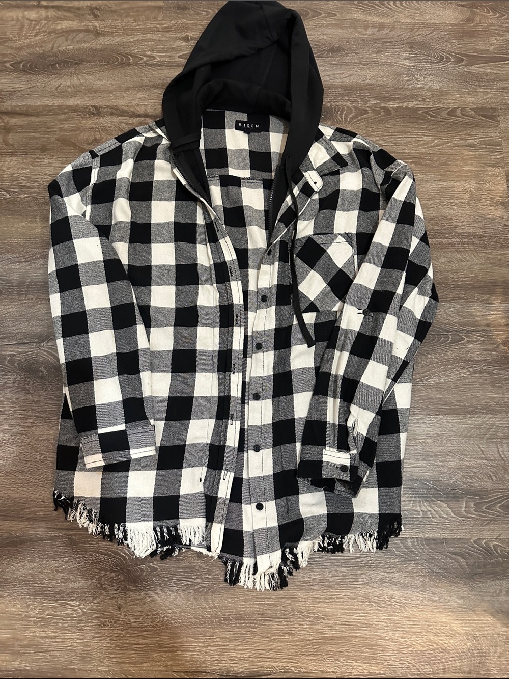 Black & White Plaid Hooded Shirt Jacket